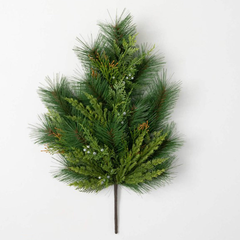 A clever mixture of lush pines is paired beautifully with juniper & berries to create this wintery classic. At 26" in length, you can use this decorative spray anywhere in the home. Bring color & texture to any space with this classic style. This collection will be a joy to design with each season.  Dimensions:
17"L x4"W x26"