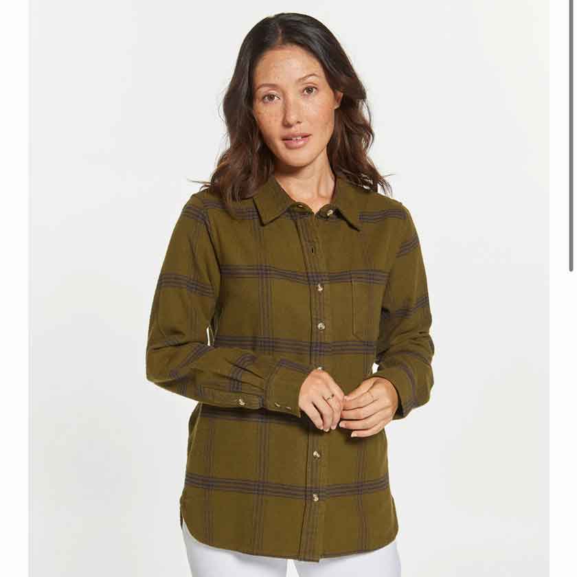 The Mareen plaid top in dark olive has a single chest pocket and buttton front.
