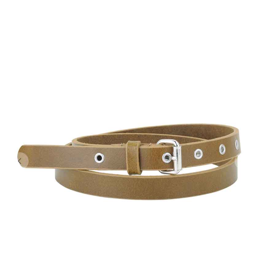skinny grommet belt made with genuine leather in olive and styled with a small rectangle silver buckle is a classic piece that is versatile and timeless.