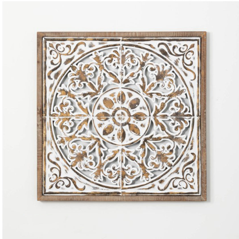 With intricate carving and embossing, this wooden wall tile really makes a statement. The craftsmanship shines through in this 29" square piece.  Dimensions:
28.75"L x1.25"W x29"