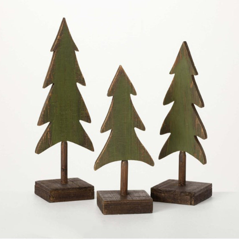 "Ideal to dress a mantle for the holidays, stylize a side table for the season or accessorize a winter village scene - this trio of classic evergreen trees will really add to the look of your space. Graduating in three varying heights, this wooden set ranges from 12"" to 15"" tall.  Dimensions:
5"L x4"W x12"