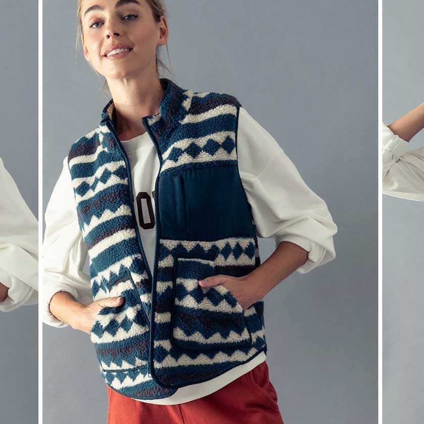 A teal, wool blend vest. Sleeveless. Zip up. Pockets. Stand collar.