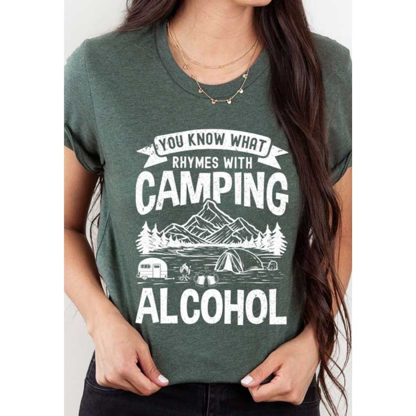 Show off your sense of humor with the "You Know What Rhymes with Camping? Alcohol" Graphic Tee. 