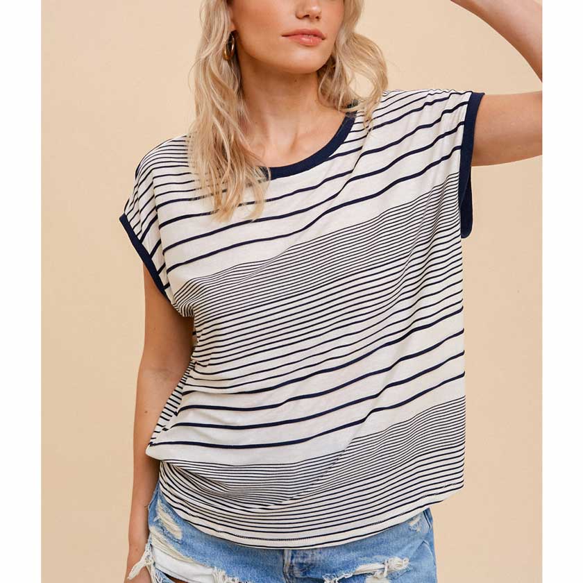 WHITE STRIPE, MIXED KNIT, RELAXED TOP