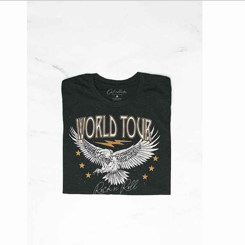 WORLD TOUR ROCK N' ROLL Graphic T-Shirt in black. 100% Cotton for Solid Color Unisex relaxed fit. Hand Screen printed.


