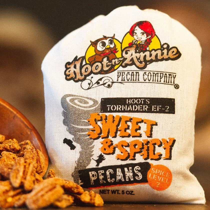 Hoot-n-Annie Pecan Company - Sweet-n-Spicy Candied Pecans | Hoot's Tornader: EF-2 | 5 oz.
