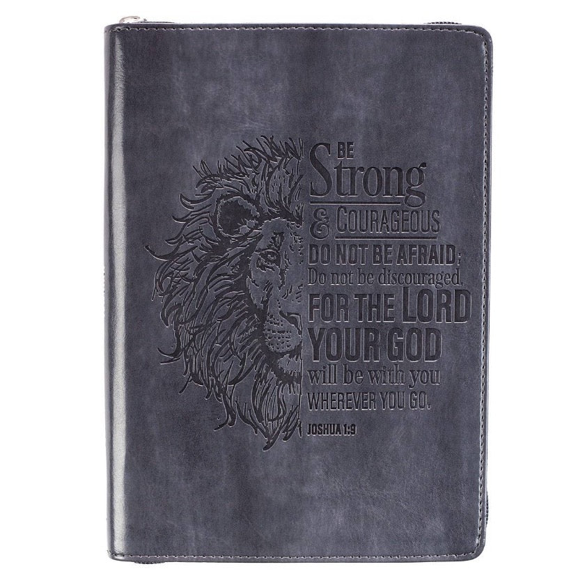 Lion Face Be Strong And Courageous Zippered Classic LuxLeather Journal - Joshua 1:9