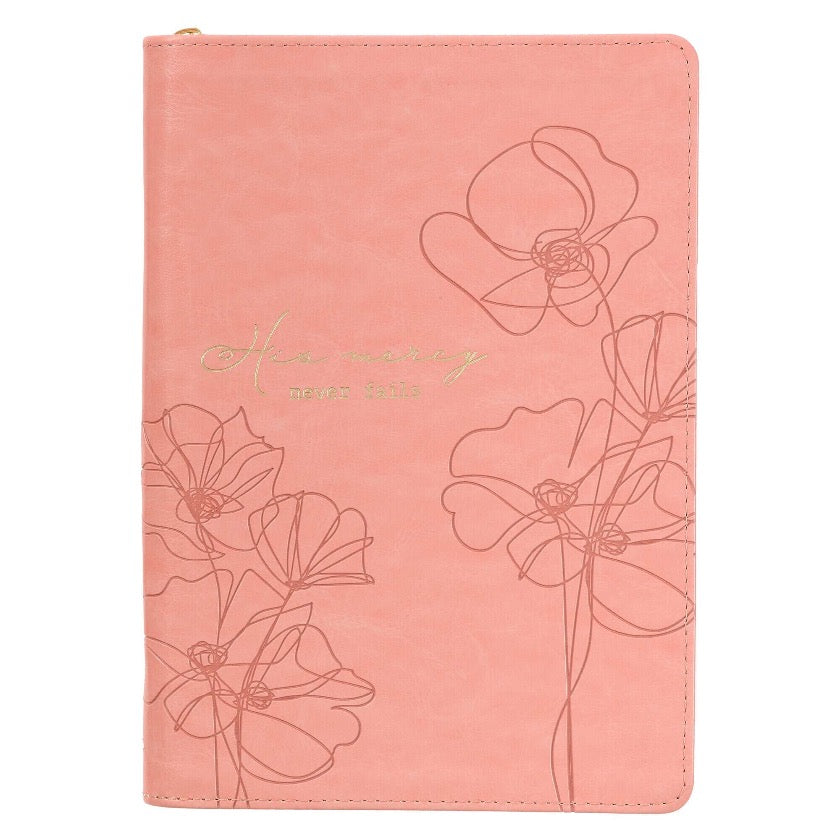 Christian Art Gifts - Pink Blossom - His  Mercies Faux Leather Journal with Zipper